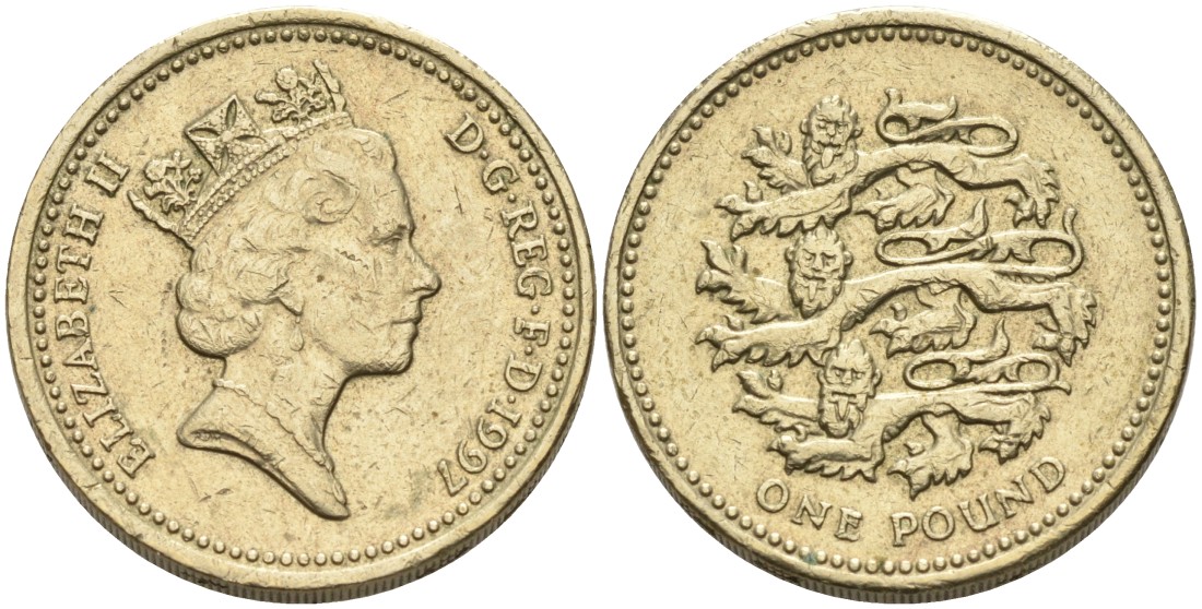 Англия 1 фунт 1997 ЛЬВЫ ПЛАНТАГЕНЕТ KM 975, Spink 4340 никель латунь 88-521