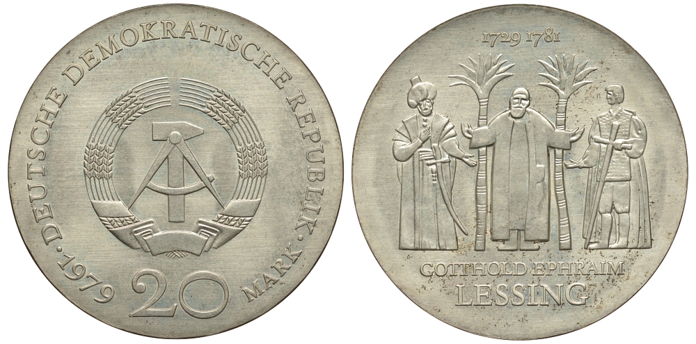 ГДР 20 марок 1979 А, 250 лет со дня рождения Готвальда Лессинга KM 74 серебро UNC 413-5132