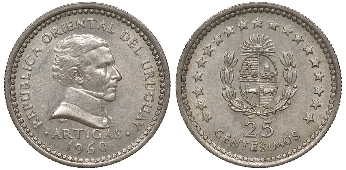 Уругвай 25 сентесимо 1960 KM 40 медно-никель 4169-944