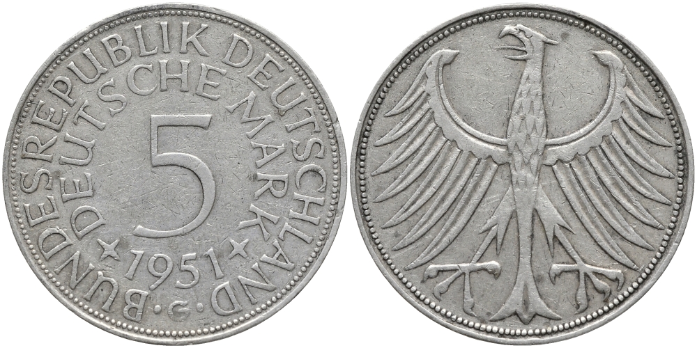 ФРГ 5 марок 1951 G KM 112.1, J. 387 серебро 1526-114