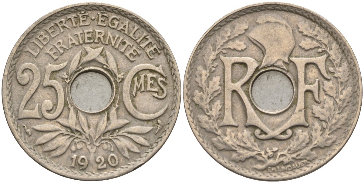 Франция 25 сантимов 1920 KM 867a, Le Franc 171.7 медно-никель 4142-1255
