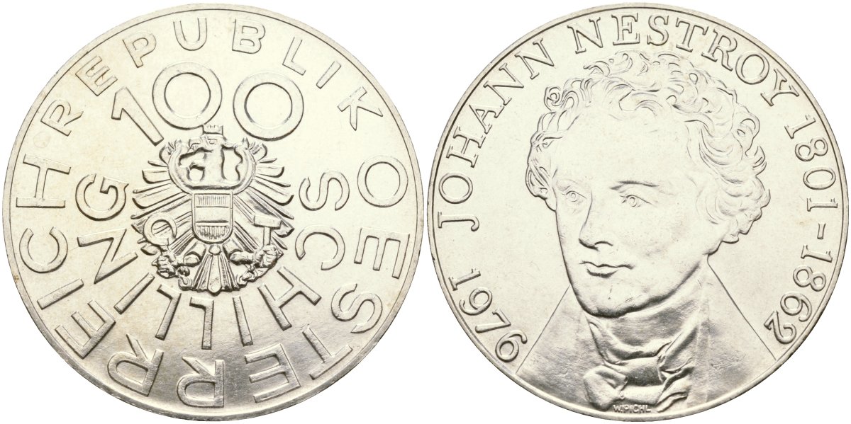 Австрия 100 шиллингов 1976 175 лет со дня рождения Иоганна Нестрои? KM 2932 серебро UNC 02-118-31