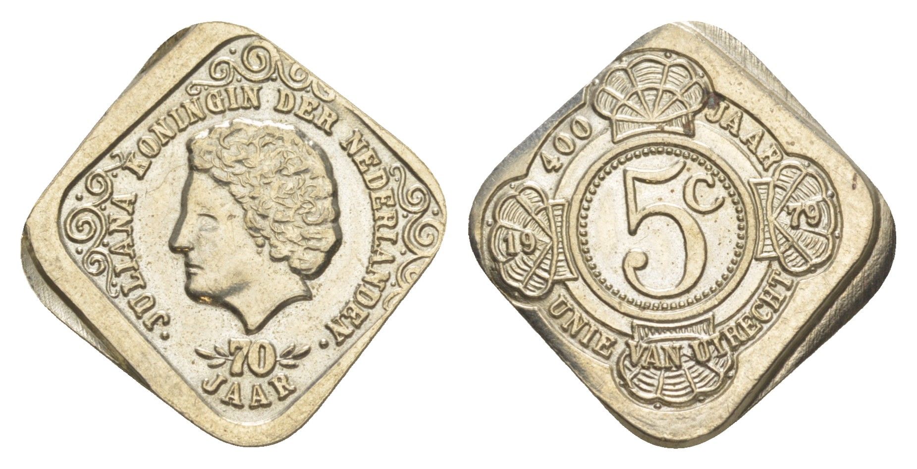 Нидерланды жетон 5 центов 1979 БРАК, 400 лет Утрехтской унии, 70 лет королеве Юлиане X 4 медно-никель 4156-425