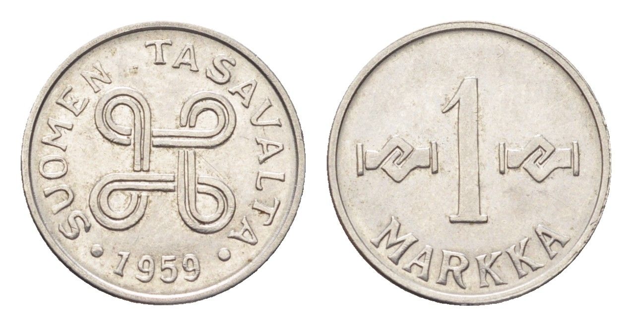 Финляндия 1 марка 1959 KM 36a сталь плакированная железом 4705-714