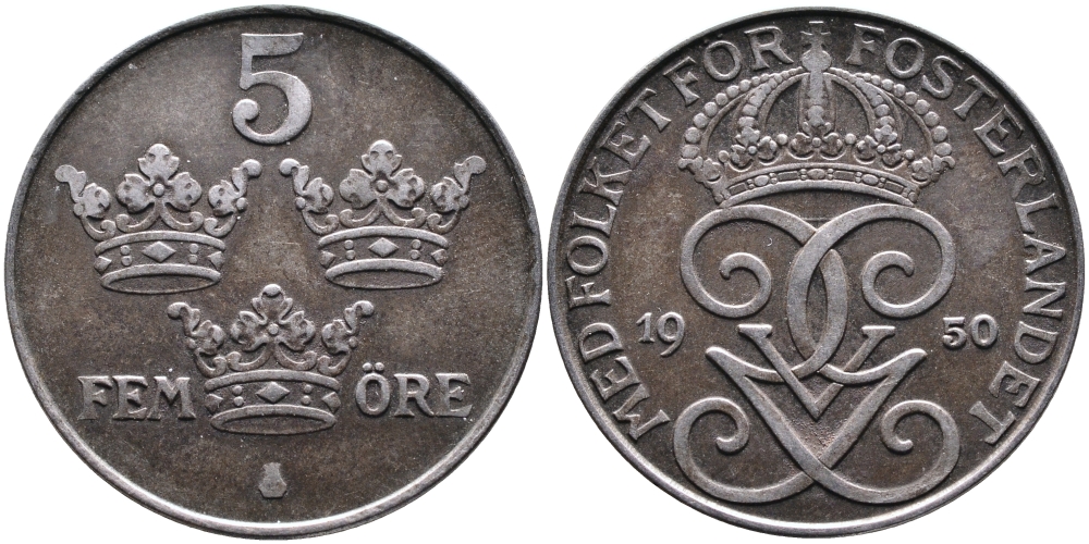 Швеция 5 эре 1950 Густав V (1907-1950) KM 812 железо 4389-141