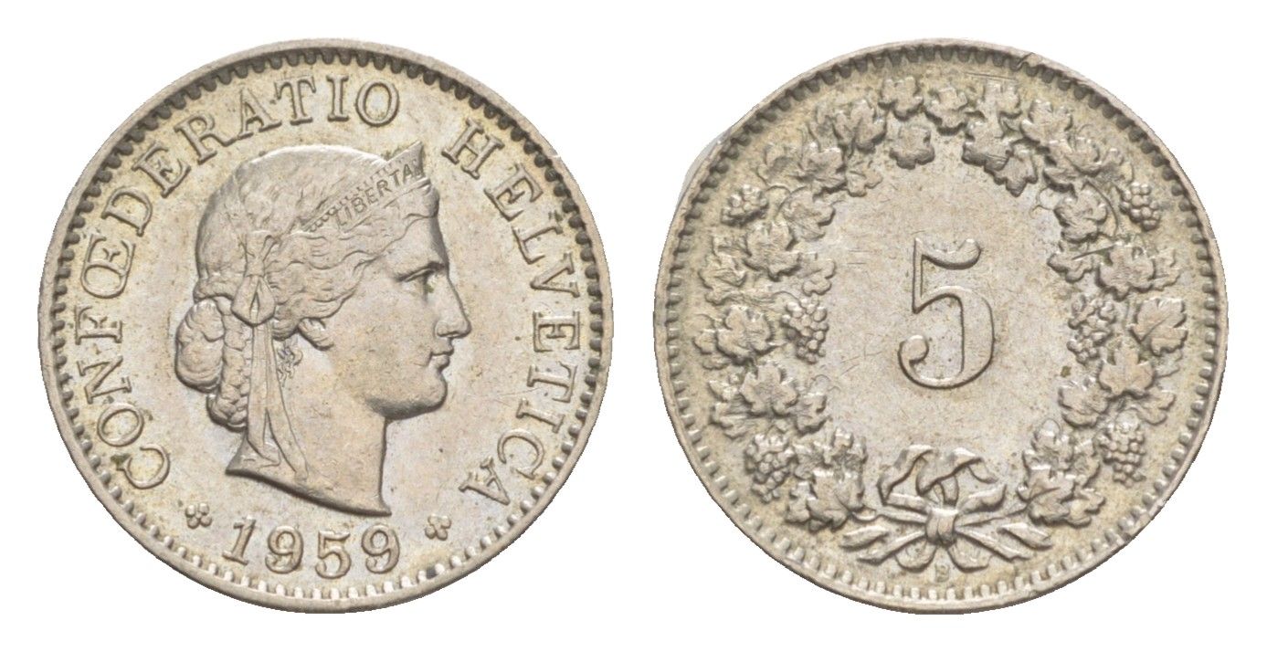 Швейцария 5 раппенов 1959 B KM 26 медно-никель 4643-337