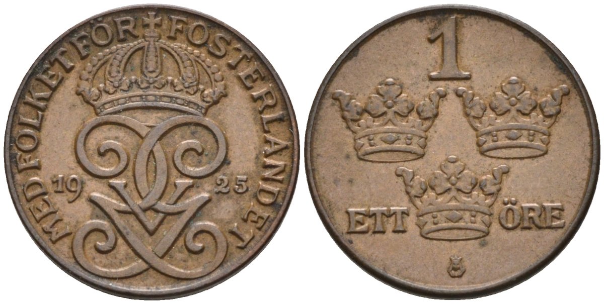 Швеция 1 эре 1925 Густав V (1907-1950) KM 777.2 бронза 4585-322
