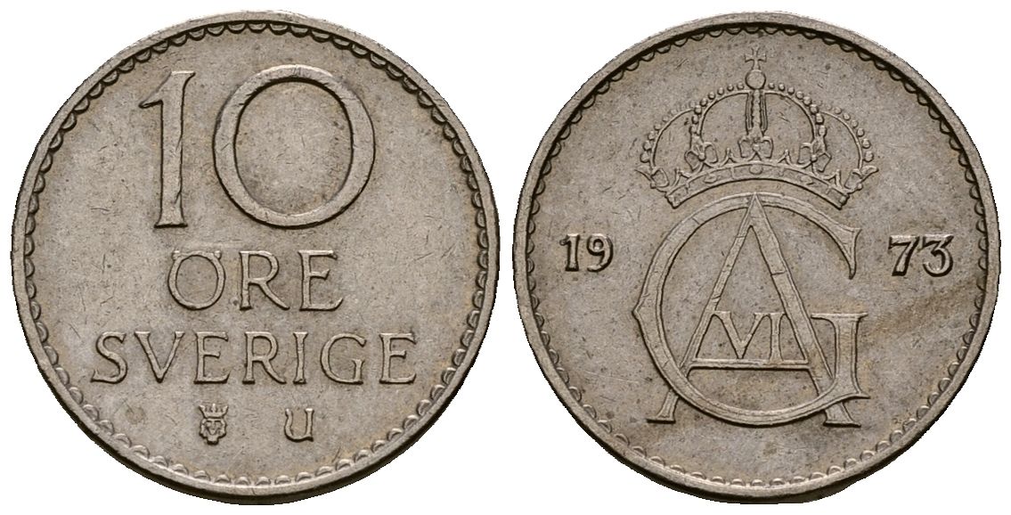 Швеция 10 эре 1973 Густав VI Адольф (1950-1973) KM 835 медно-никель 4173-739