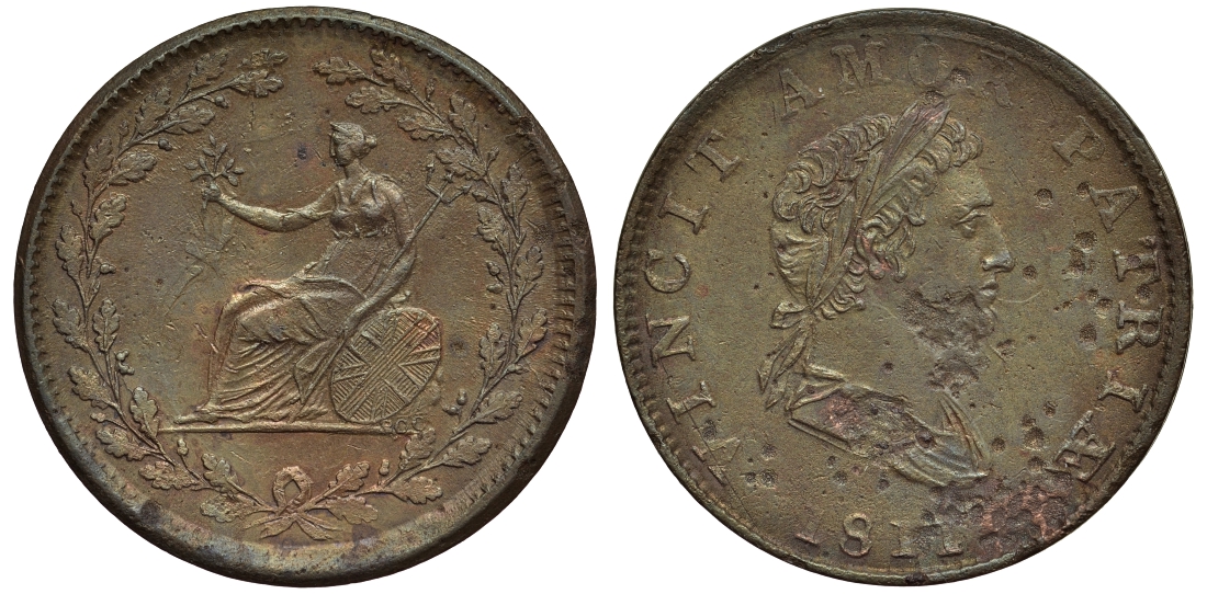 Великобритания 1/2 пенни 1811 Британская медная компания. Побеждает любовь к стране Withers 592/ 594/ 595/ 599/ 600/ 601/ 604-607 медь 106-757