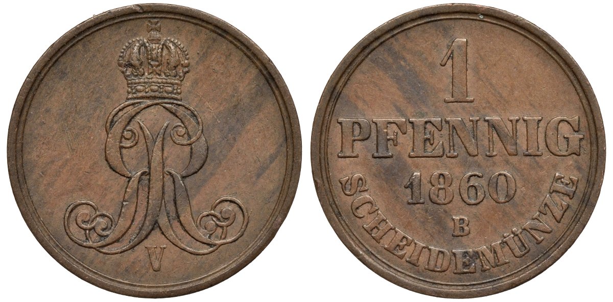 Ганновер 1 пфенниг 1860 B, Георг V KM 233, AKS 156, J. 90 медь 4594-245