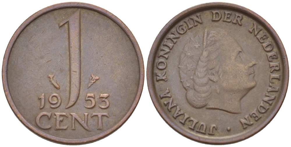 Нидерланды 1 цент 1953 Юлиана (1948-1980) КМ 180 бронза 3955-114