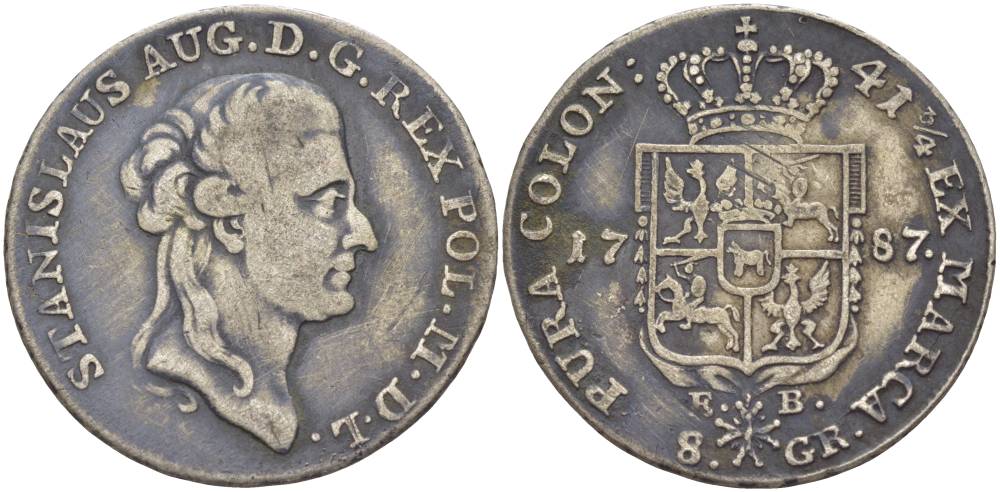 Польша 8 грошей (2 злотых) 1787 EB, Станислав II Август Понятовский (1764-1794), вес 9,25 г KM 209.1 (C54), Kopinski 412.1 серебро 00-809-85