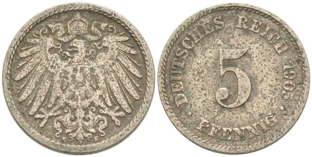 ГЕРМАНИЯ 5 ПФЕННГОВ 1905 E KM 11, J. 12, Weege 6 медно-никель 211-724