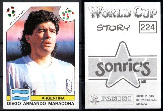 Футбольная карточка Диего Арманды Марадоны с Чемпионата мира 1990 года на который сборная Аргентины поехала в статусе чемпионов мира, и на котором они стали серебряными призерами Panini World Cup Italy '90 - 224 номер карточки, Италия 7503-28-2-1