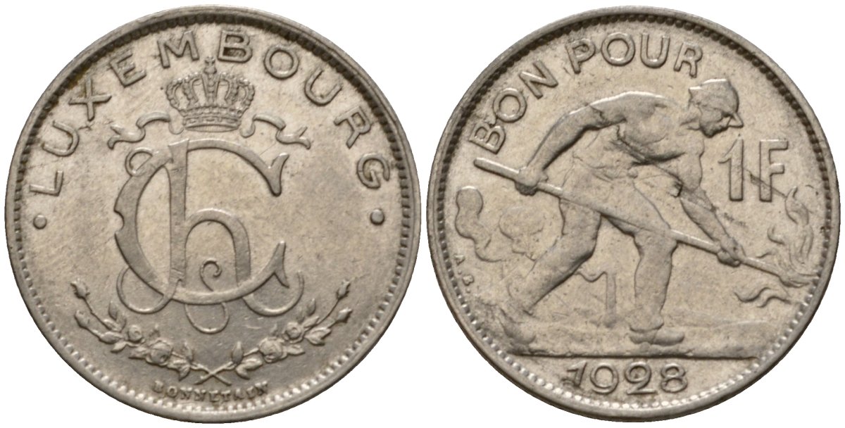 Люксембург 1 франк 1928 сталевар, Шарлотта (1918-1964) KM 35 никель 4603-1055