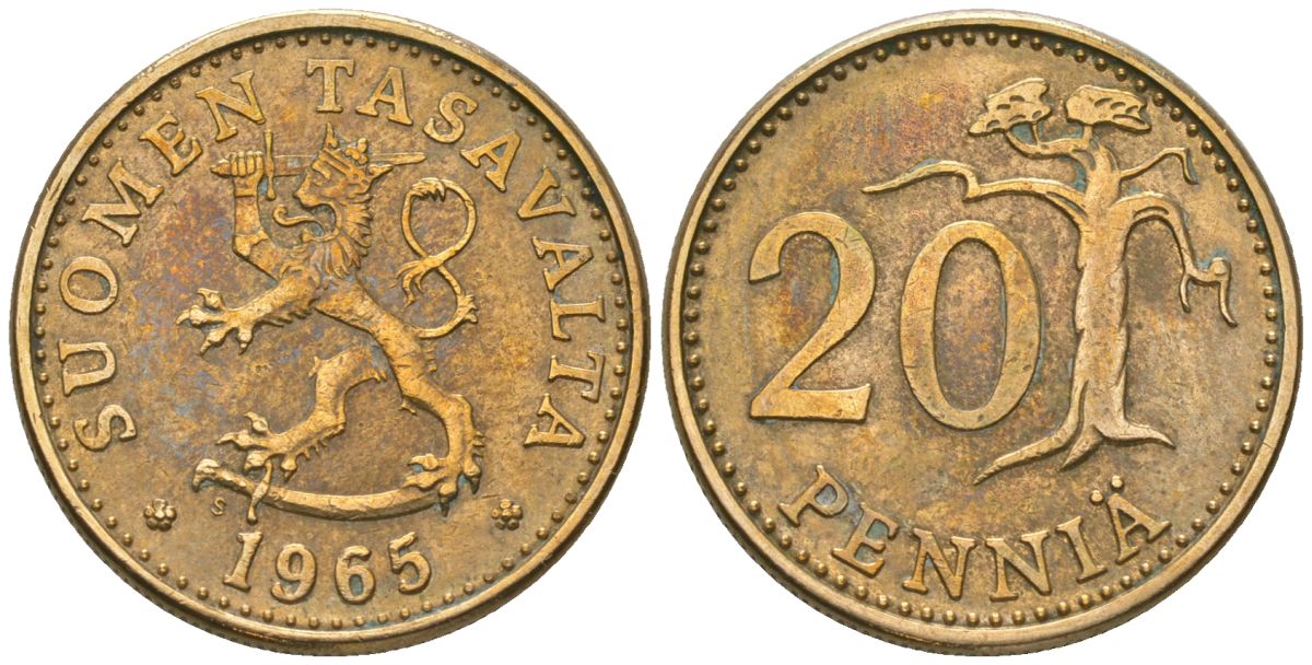 Финляндия 20 пенни 1965 S KM 47 алюминиевая бронза 4589-611