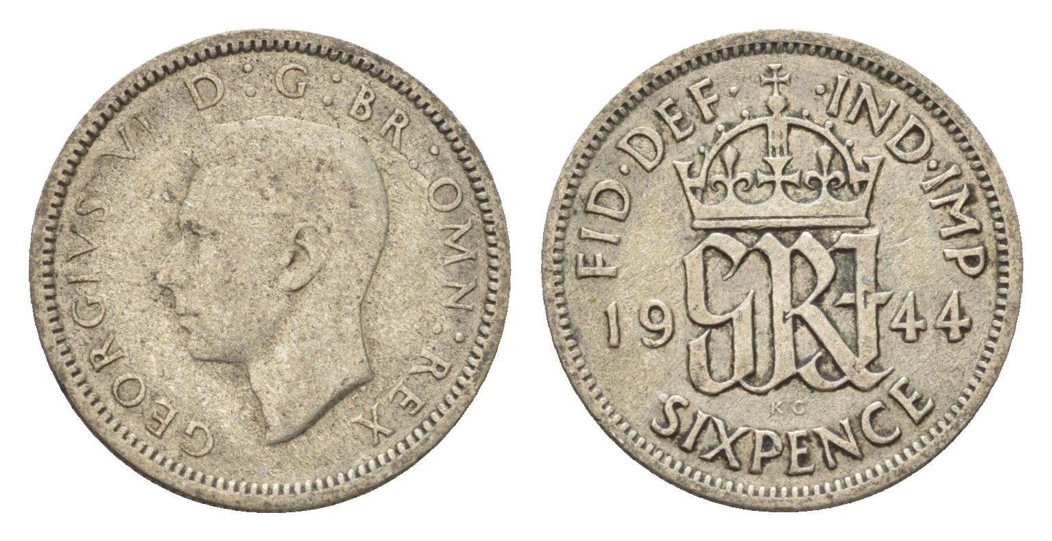 Великобритания 6 пенсов 1944 Георг VI (1936-1952) KM 852, Spink 4084 серебро 4644-1247