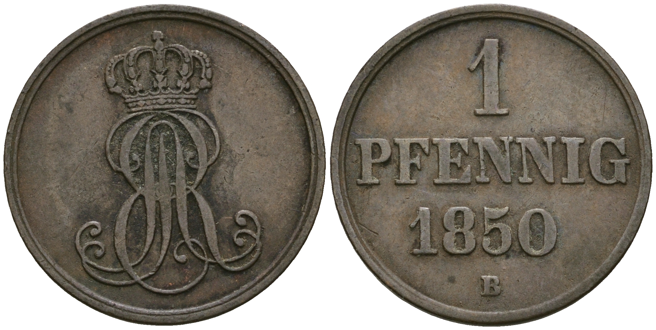 Ганновер 1 пфенниг 1850 B, Эрнст Август (1837-1851) KM 201.1, AKS 129, J. 74 медь 4608-1119