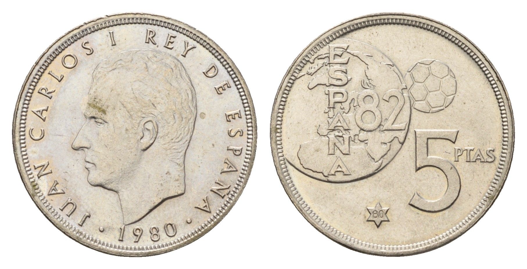 Испания 5 песет 1980 (80) Чемпионат мира по футболу 1982, Испания KM 817 медно-никель UNC 4148-656