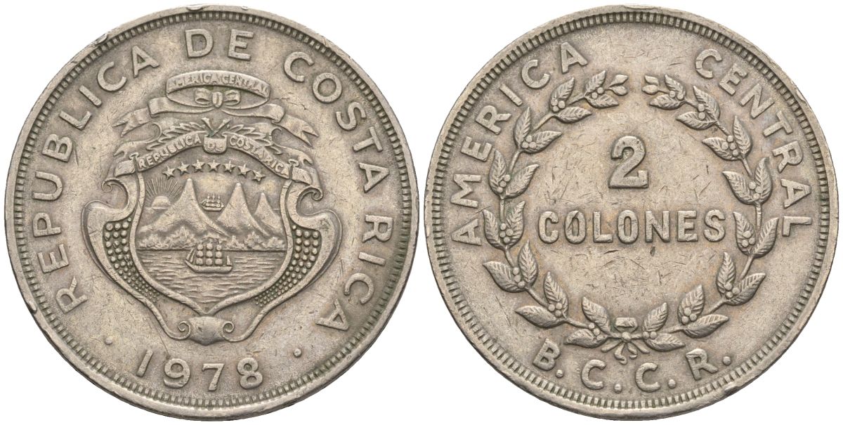 Коста-Рика 2 колона 1978 KM 187.2, Schoen 46.2 медно-никель 4117-1035