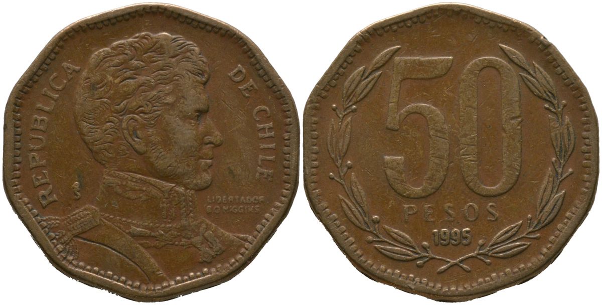 Чили 50 песо 1995 So KM 219.2, Schon 70 алюминиевая бронза 4544-315