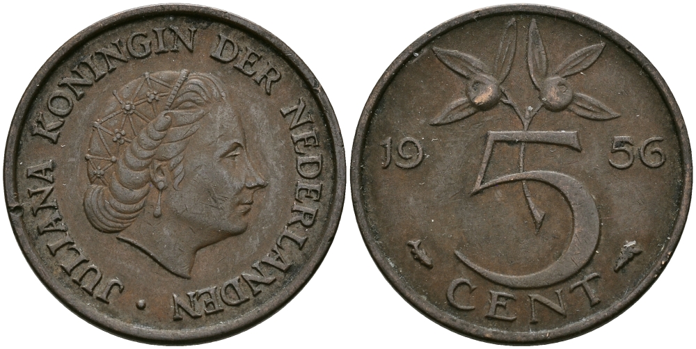 НИДЕРЛАНДЫ 5 ЦЕНТОВ 1956 ЮЛИАНА KM 181 бронза 95-324