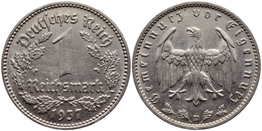 ГЕРМАНИЯ 1 РЕЙХСМАРКА 1937 D КМ 78 J.354 никель 56-1056