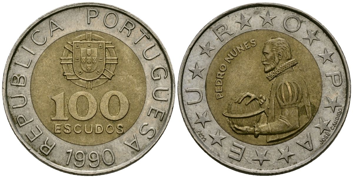 Португалия 100 эскудо 1990 Педру Нуниш (1502-1578), математик KM 645.1 биметалл 4551-814