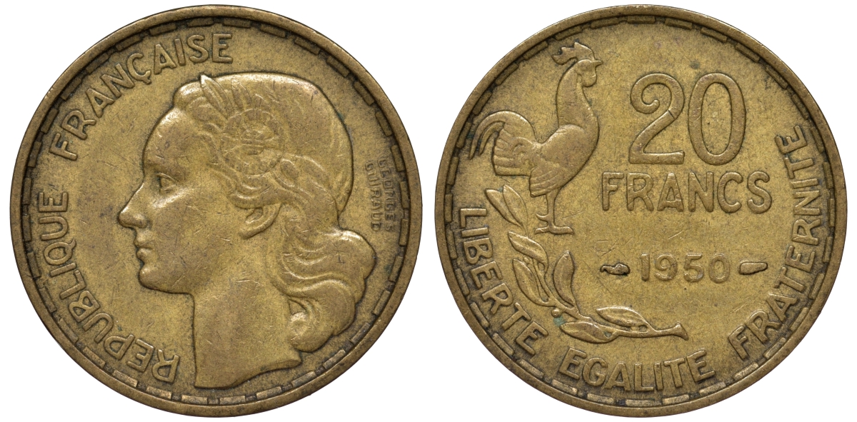 Франция 20 франков 1950 KM 916.1 медь алюминий никель 4543-537