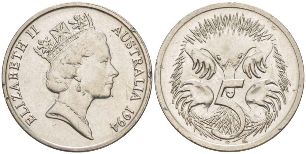 Австралия 5 центов 1994 Елизавета II (1952-), ехидна KM 80 медно-никель 4516-711