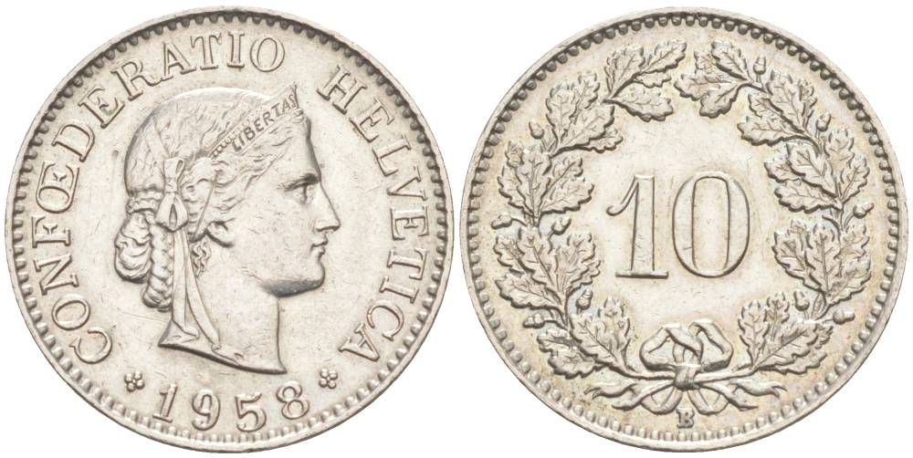 Швейцария 10 раппенов 1958 B KM 27 медно-никель     55-312