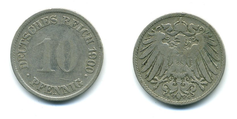 ГЕРМАНИЯ 10 ПФЕННИГОВ 1900 G KM 12, J. 13 медно-никель 54-456