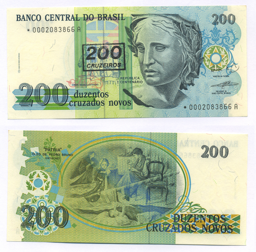 БРАЗИЛИЯ 200 КРУЗЕЙРО 1990 НАДПЕЧАТКА НА 200 КРУЗАДО, ПОДПИСЬ 27, СЕРИЯ 0002*, ЗАМЕЩЕННАЯ СЕРИЯ Pick 225 бумага UNC (ПРЕСС) 7552-36-2