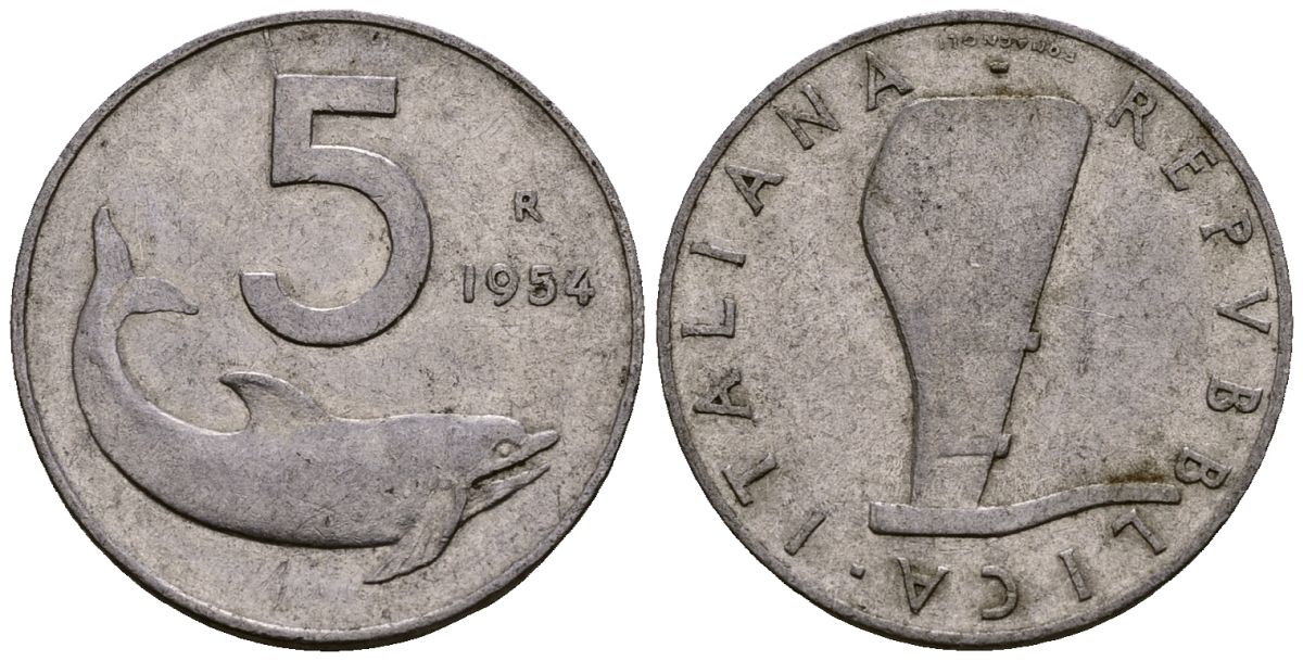 Италия 5 лир 1954 R, Руль, Дельфин KM 92 алюминий 4138-543
