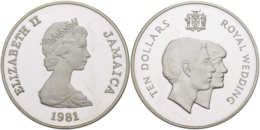 Ямайка 10 долларов 1981 КОРОЛЕВСКАЯ СВАДЬБА ПРИНЦА ЧАРЛЬЗА И ЛЕДИ ДИАНЫ KM 92 серебро PROOF 1080-8-23