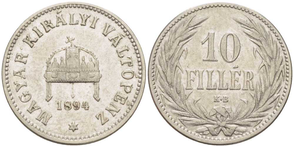 Венгрия 10 филлеров 1894 KB, Франц Иосиф I (1848-1916) KM 482 никель 201-231