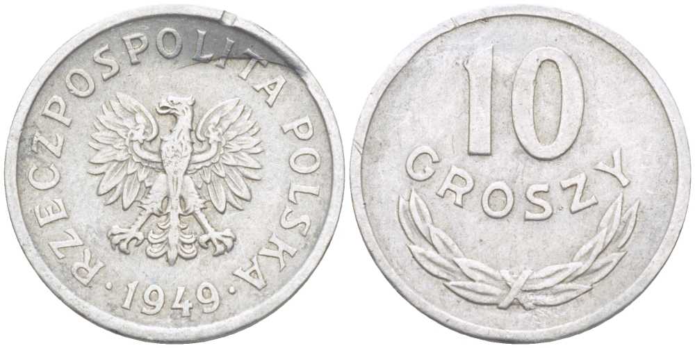 ПОЛЬША 10 ГРОШЕЙ 1949 KM 42a алюминий 211-648