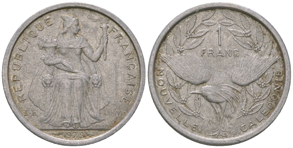 Французская Новая Каледония 1 франк 1972 птица кагу, (IEOM) KM 10, Schoen 10, Lec 38 алюминий    51-555