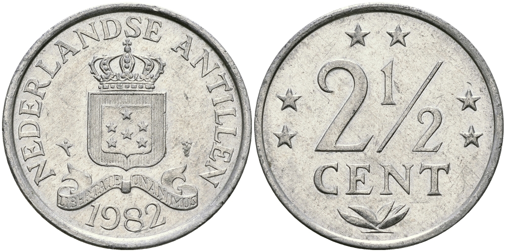 Нидерландские Антилы 2 1/2 цента 1982 Беатрикс (1980-2013) KM 9а алюминий 94-536