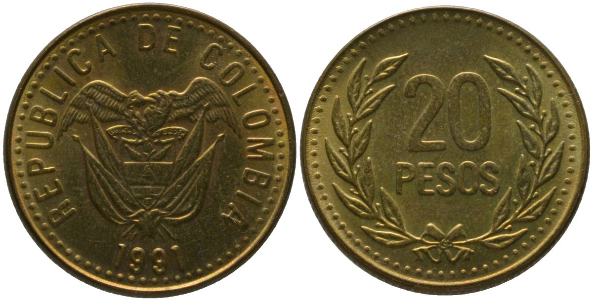 Колумбия 20 песо 1991 KM 282 алюминиевая бронза 4528-868
