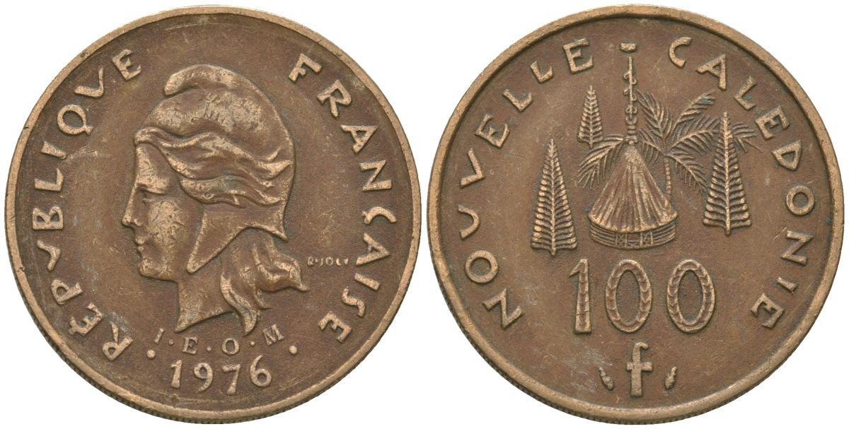 Французская Новая Каледония 100 франков 1976 хижина среди сосен и пальм, (IEOM) KM 15, Schoen 16, Lec 130 никель бронза 88-241