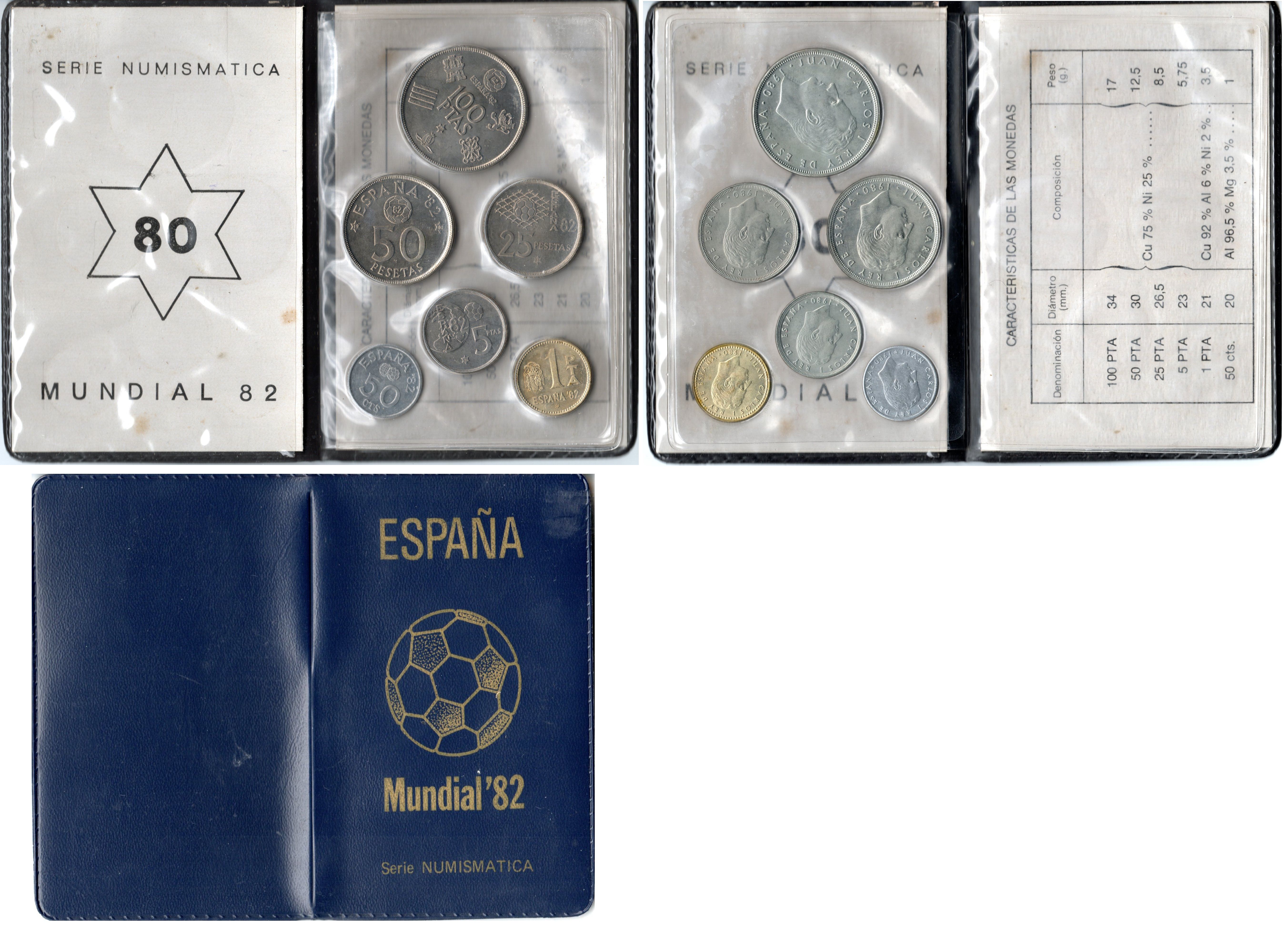 Испания официальный набор из 6 монет (50 сентимов; 1, 5, 25, 50 и 100 песет) 1980 чемпионат мира по футболу в Испании 1982 года KM MS11 (815, 816, 817, 818, 819 и 820) unc 6-5-3-10