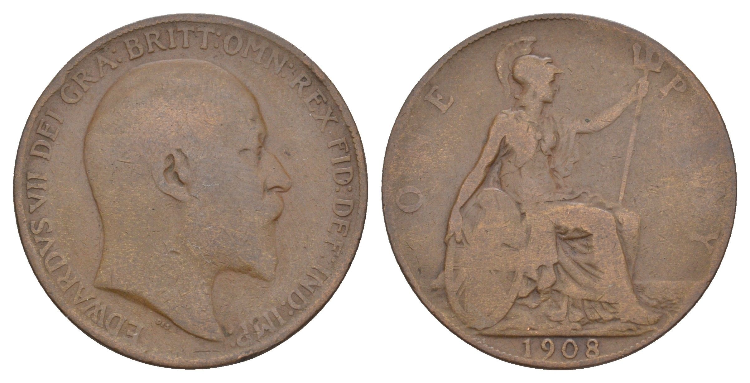 Великобритания 1 пенни 1908 Эдуард VII (1901-1910) KM 794.2, Spink 3990 бронза 114-126