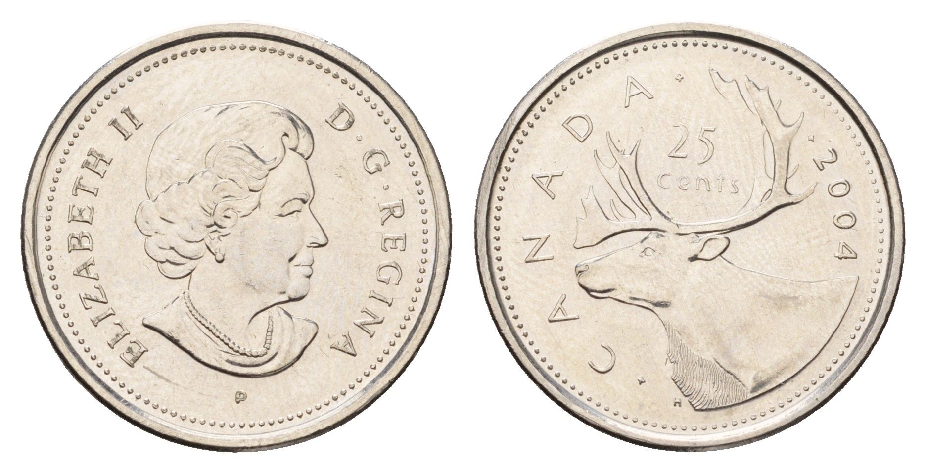 Канада 25 центов 2004 Leaf, Елизавета II (1952-2022), олень KM 493 сталь плакированная никелем UNC 4678-1136