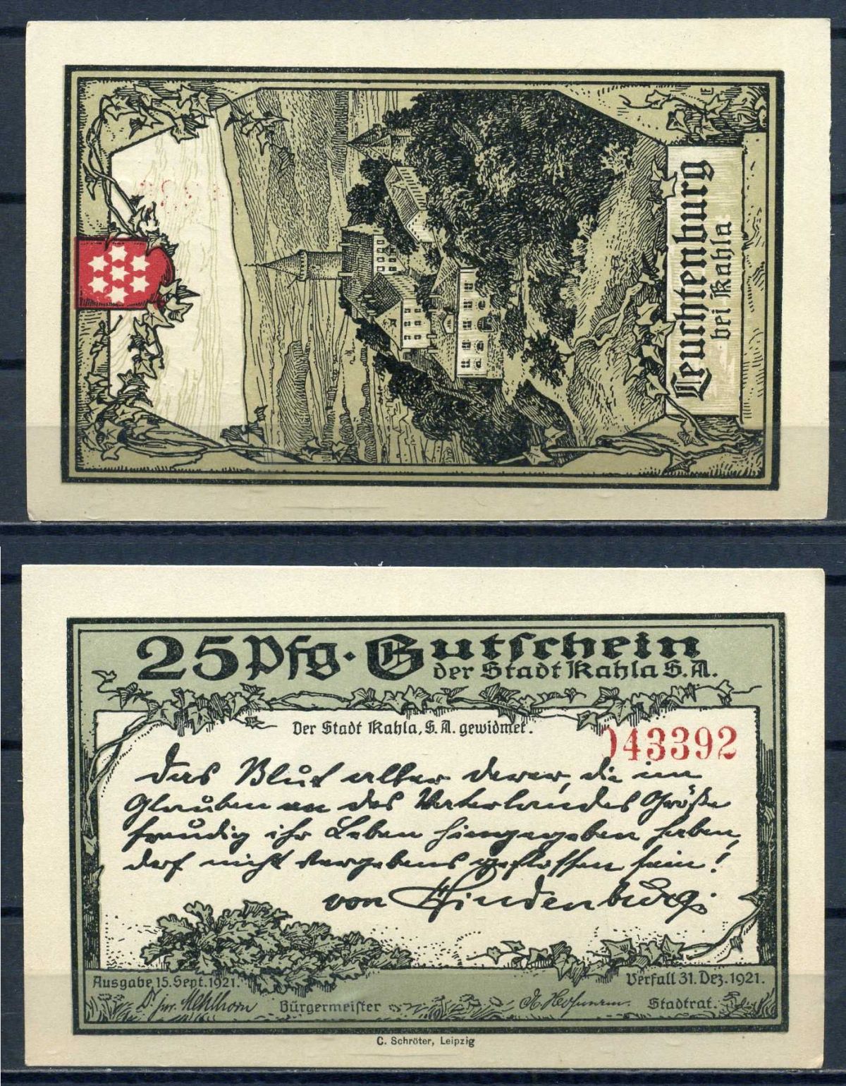 Кала (Тюрингия) 25 пфеннигов 1921 DeNG 1/2 0668.6d-1/3 бумага aUNC 7556-10-3-1