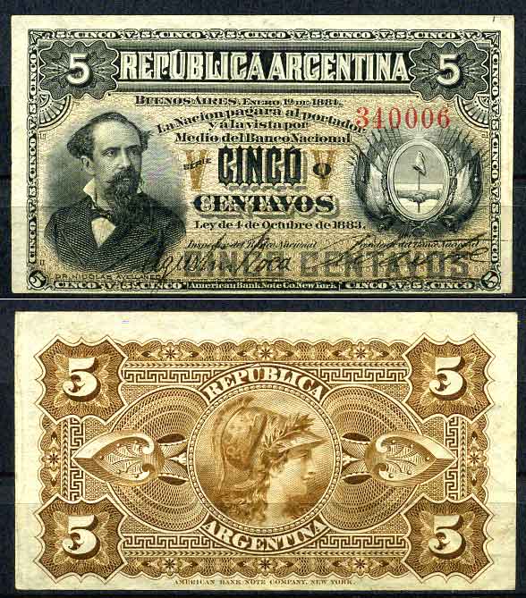 Аргентина 5 сентаво 1883 (1884) серия Q, Николас Авельянеда (1837-1885) Pick 5 бумага XF  000-00-00