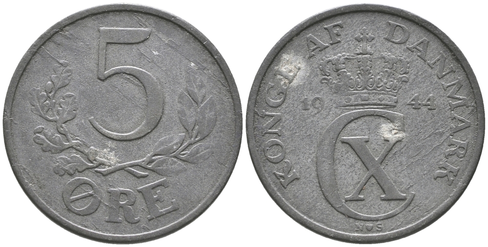 ДАНИЯ 5 ЭРЕ 1944 N; S, КРИСТИАН X (1912-1947) KM 834a цинк 32-536