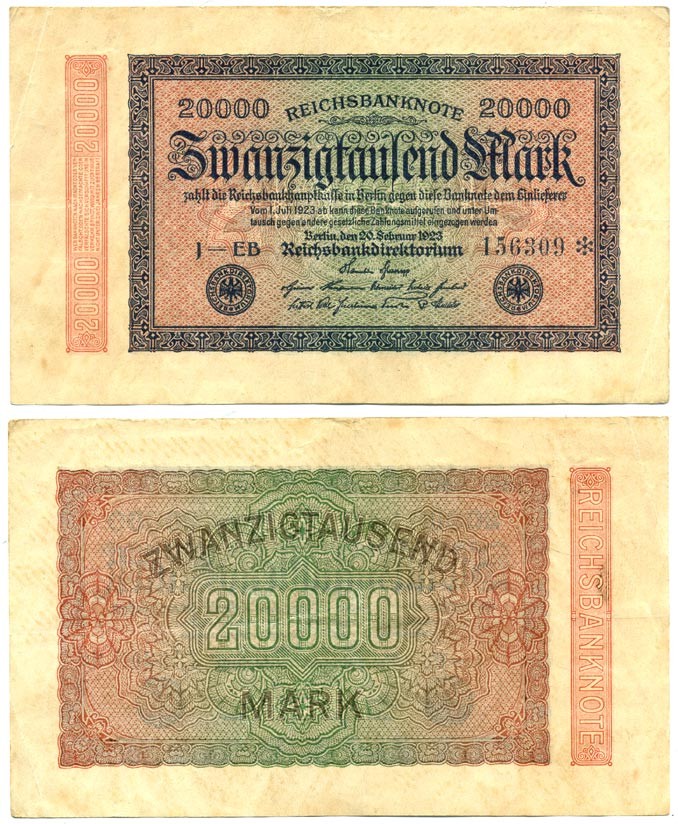 ГЕРМАНИЯ 20000 МАРОК 1923 20 ФЕВРАЛЯ 1923, ВОДЯНОЙ ЗНАК J Pick 85f бумага 7146-10-3-2