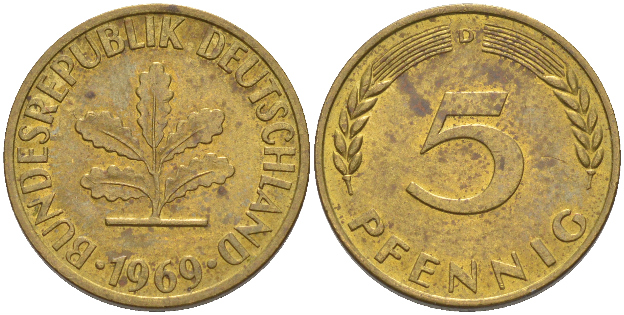 ФРГ 5 пфеннигов 1969 D KM 107, J. 382 сталь плакированная латунью 4514-446