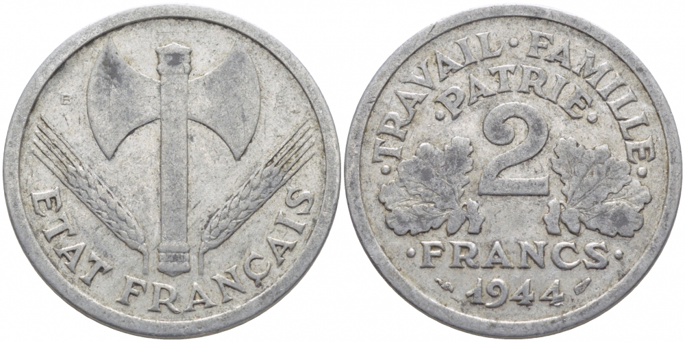 ФРАНЦИЯ 2 ФРАНКА 1944 В, ПРАВИТЕЛЬСТВО ВИШИ KM 904.2 алюминий 114-813